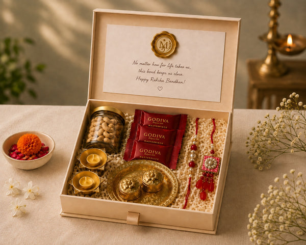 Manadey Rakhi Hamper for Brother and Bhabhi: matched rakhi and lumba set, tilak kit, brass diya, dry fruits and chocolates in a gift box