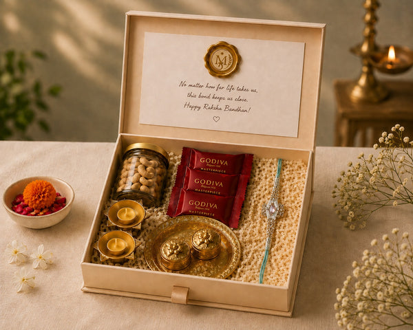 Manadey Rakhi Hamper for Brother: rakhi, tilak kit, brass diya, dry fruits, chocolates and handwritten card in a gift box